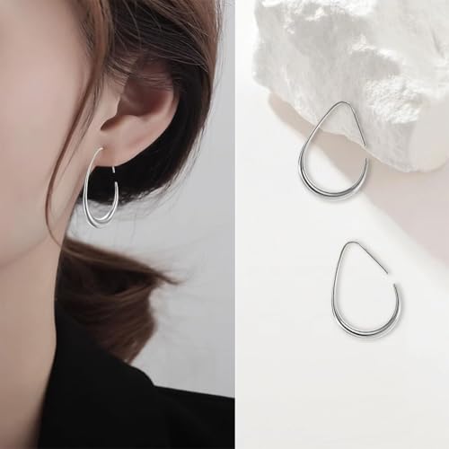 Teardrop Hoop Earrings for Women Gold Silver Plated Hypoallergenic Oval Pull Through Hoop Earrings Jewelry Gift - color: Silver
