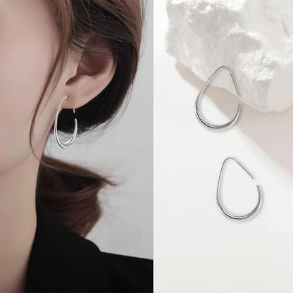 Teardrop Hoop Earrings for Women Gold Silver Plated Hypoallergenic Oval Pull Through Hoop Earrings Jewelry Gift - color: Silver