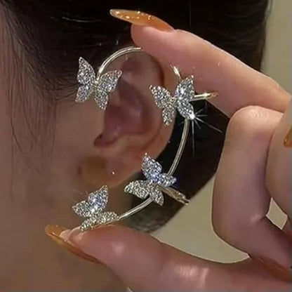 Gold Plated Zircon Butterfly Ear Cuff Clip Non Piercing Wrap Jewelry Earring New-Right-Silver Tassel(1pc) - color: Right-silver Tassel(1pc)