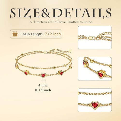 Midari 18K Yellow Gold Gemstone Birthstone Anklet Bracelet Heart Jewelry with 12 Months Birthstone Birthday Gifts for Women Wife Her Daughter Mom - color: 01-Jan-Garnet, size: Bracelet 7"-9"