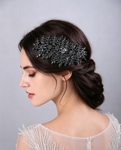 Bridal Rhinestone Hair Comb Large Rhienstone Wedding Headpiece Handmade Crystal Hair Comb for Bride Wedding Hair Accessories for Women (black) - color: black