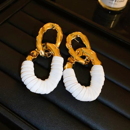 Chunky Gold Acrylic Chain Statement Earrings for Women,Exaggerated Thick Chain Artificial Leather Wrap Dangle Earrings Trendy Geometric Ear Jewelry - color: White