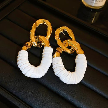 Chunky Gold Acrylic Chain Statement Earrings for Women,Exaggerated Thick Chain Artificial Leather Wrap Dangle Earrings Trendy Geometric Ear Jewelry - color: White