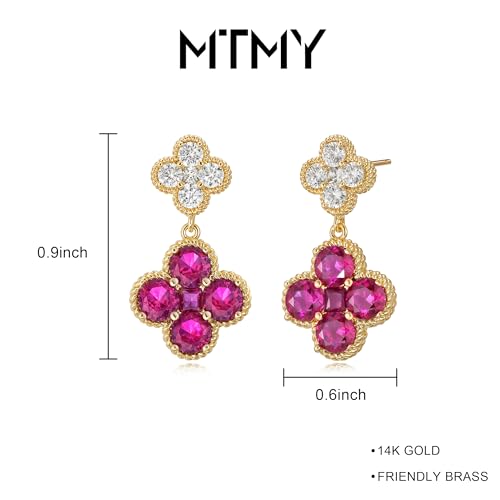 MTMY Dangle Earrings for Women 14K Gold Plated Four Leaf Clover Dangling Drop Birthstone Stud Earrings Trendy Flower Birthstone Jewelry Birthday Gifts - style: Jul.-Ruby