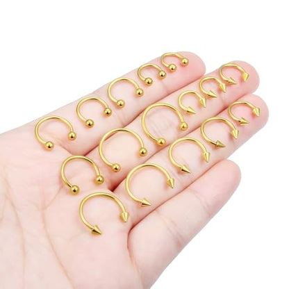 Hoeudjo 16G Horseshoe Septum Rings with Ball Grabber Tool Hypoallergenic Surgical Steel Septum Piercing Jewelry Lip Rings for Women Men Diameter 6mm 8mm 10mm 12mm - color: goldtone