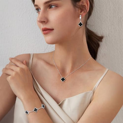 18K Gold Plated Lucky Clover Jewelry Set, Birthday Gifts for Women | Stainless Steel Hypoallergenic,Black White Red Four Leaf Clover Bracelet Necklace Earrings set, Daily Wear, Gifts for Women - color: Clover Set-Silver Black
