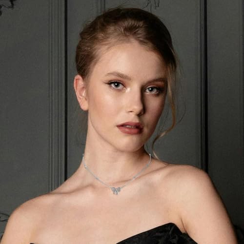 Gold Bow Necklace Bracelet Earrings Set for Women Bowknot Choker Necklace Ribbon Stud Earrings Silver Bow Bracelet Christmas Holiday Jewelry - color: Silver