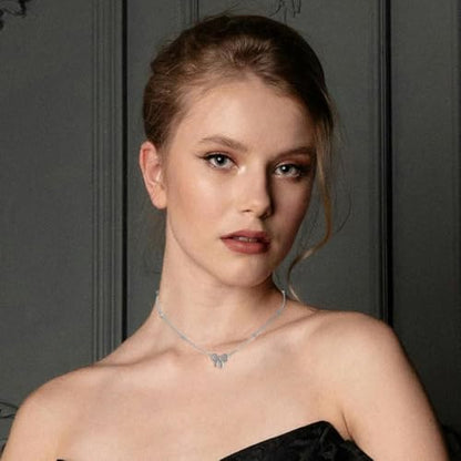 Gold Bow Necklace Bracelet Earrings Set for Women Bowknot Choker Necklace Ribbon Stud Earrings Silver Bow Bracelet Christmas Holiday Jewelry - color: Silver