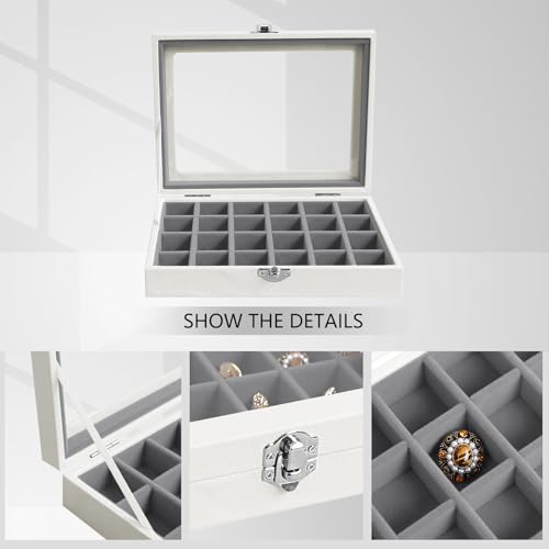 Wudygirl 24 Grid Earring Organizer Small Jewelry Box with Lid WhiteGray | Ring Box with Adjustable Dividers, Velvet Lining, Ideal for Rings, Earrings, Jewelry Display, Gift Giving - style: White Gray 24 Grid