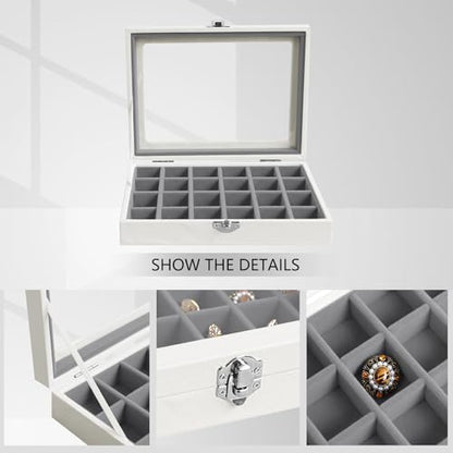 Wudygirl 24 Grid Earring Organizer Small Jewelry Box with Lid WhiteGray | Ring Box with Adjustable Dividers, Velvet Lining, Ideal for Rings, Earrings, Jewelry Display, Gift Giving - style: White Gray 24 Grid
