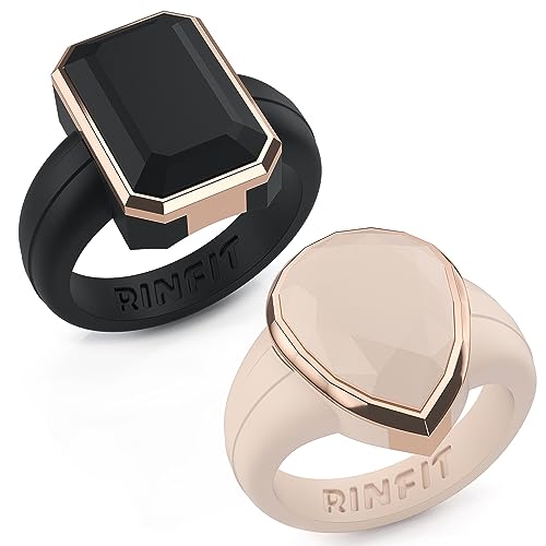 Patented Metal-Framed Silicone Rings - Emerald Collection - color: Pack J - Black and Nude / Metal Rose Gold