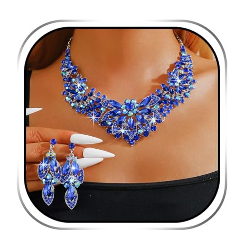 Yonamix Gold Jewelry Set Wedding Rhinestone Necklace Sets for Women | Formal Prom Dinner Party Gala Night Crystal Flower Necklaces Earrings - color: E Blue