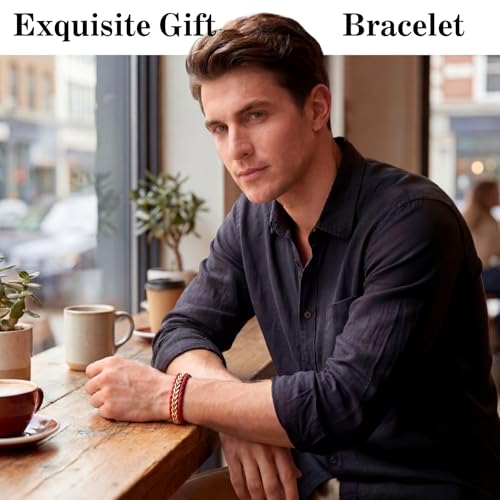 Braided Leather Bracelets for Men 18K Gold Plated Cuff Adjustable | Stainless Steel Franco Chain Link, Mens Bracelet Leather, Handwoven Jewelry Gift for Husband Dad Son