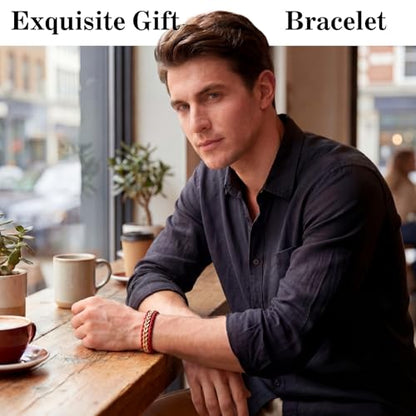 Braided Leather Bracelets for Men 18K Gold Plated Cuff Adjustable | Stainless Steel Franco Chain Link, Mens Bracelet Leather, Handwoven Jewelry Gift for Husband Dad Son
