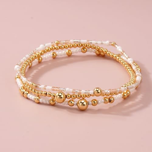 Gold Beaded Bracelet Stack for Women Colorful Small Seed Beads Bracelets Set Boho 14K Gold Plated Ball Stackable Stretch Non-Tarnish Dainty Jewelry Trendy Accessory Friendship Gift - color: pale pink and white