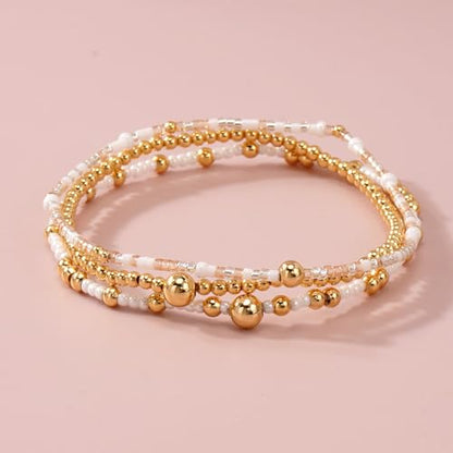 Gold Beaded Bracelet Stack for Women Colorful Small Seed Beads Bracelets Set Boho 14K Gold Plated Ball Stackable Stretch Non-Tarnish Dainty Jewelry Trendy Accessory Friendship Gift - color: pale pink and white