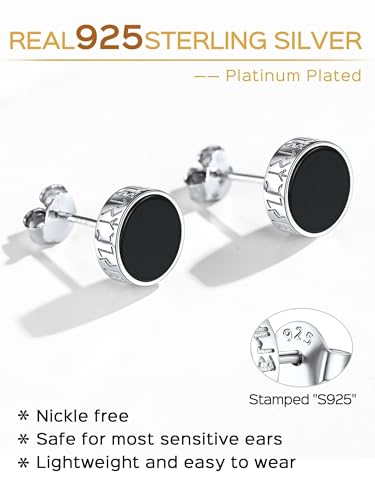 ChicSilver 925 Sterling Silver Viking Rune Natural Black Onyx Stud Earrings For Women Men - style: A: Side Runes-Silver