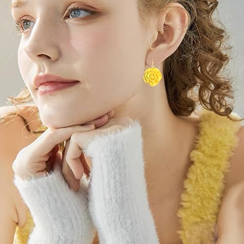 Handmade Bohemian Aesthetic Dainty Acrylic Flower Petal Leverback Earrings Sparkly 14K Gold Floral Dangle Drop Earrings for Women - color: Yellow