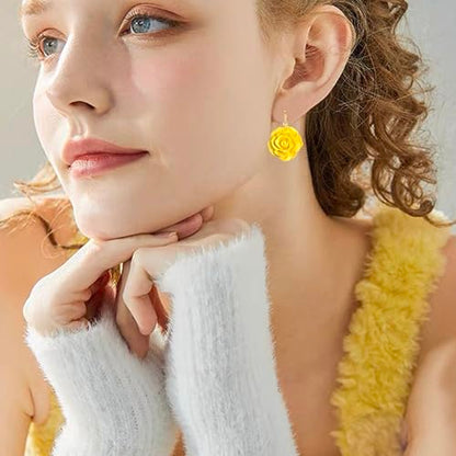 Handmade Bohemian Aesthetic Dainty Acrylic Flower Petal Leverback Earrings Sparkly 14K Gold Floral Dangle Drop Earrings for Women - color: Yellow