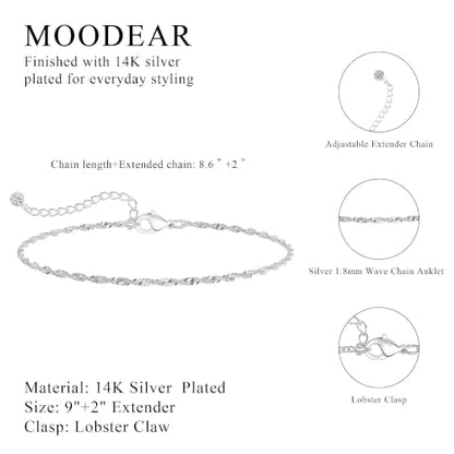 Moodear Ankle Bracelets for Women 14K Silver Plated Layered Chain Anklets | Waterproof Non Tarnish Adjustable Double Layer Anklet with Satellite Bead Chain Design for Summer Beach Jewelry Gift - color: silver-1