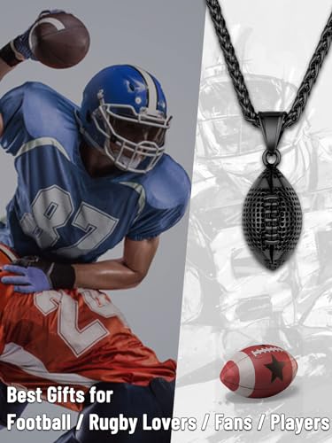 GOLDCHIC JEWELRY Sport Necklaces for Men Teen, Football Baseball Soccer Basketball Softball Necklaces with Stainless Steel Chain Athlete Jewelry Sports Fan Gift - color: American Football Pendant-Black, style: NO Engraving