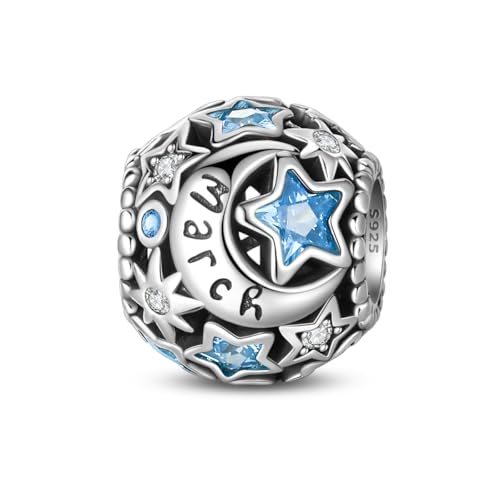 Star Moon 925 Sterling Silver Birthstone Charm for Bracelet Women Jewelry - color: March