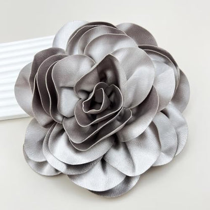 Dainty Satin Fabric Rose Flower Brooches 7.5in Extra Large Big Camellia Flower Brooches Lapel Pins for Women Wedding Party Dance Dress Clothes Accessories - color: Gray