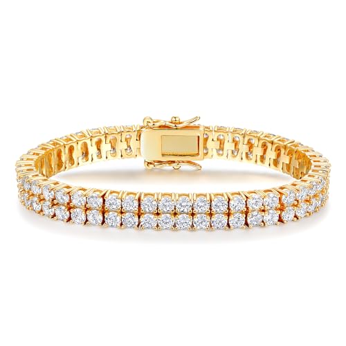 2 Rows Tennis Bracelets for Women Men - 18K Yellow Gold Plated 3mm Round Cut Cubic Zirconia Classic Tennis Bracelet, Size 6.5-8.5 Inch - color: Gold - 2 Rows, size: 8 inch