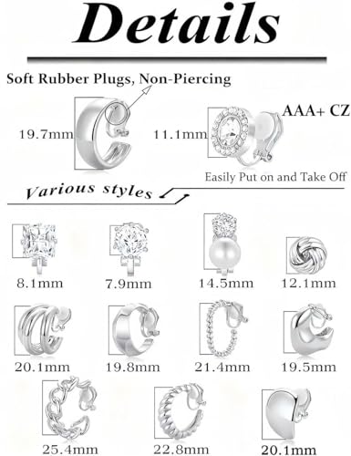 13 Pairs Clip on Earrings for Women Chunky Non Pierced Hoop Earrings CZ Pearl Knot Croissant Tube Twist Stud Hoop Clip on Earring Set Fake Earrings Clips Jewelry 14K Gold Silver Plated - color: Silver