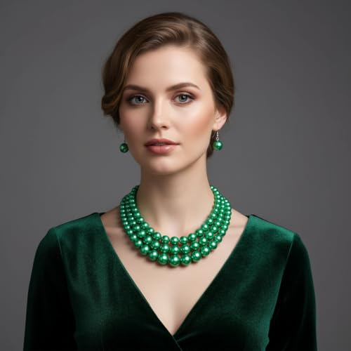Fashion 21 Women's Faux Pearl Three Multi-Strand Statement Necklace and Earrings Set - color: Green