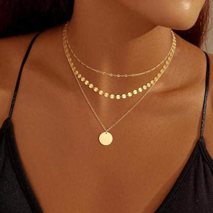 Gold Necklace for Women 14K Gold Plated Layered Necklaces Dainty Pendant Necklace Cute Stack Necklaces Set Fashion Jewelry Gift for Her - style: circle1-gd