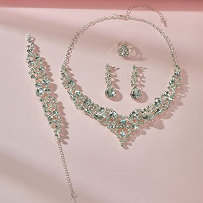 Paxuan Crystal Bridal Wedding Jewelry Sets for Women Rhinestone Teardrop Crystal Statement Choker Necklace Drop Earrings Link Bracelets Rings Teardrop Jewelry Set for Brides Bridesmaids - color: White