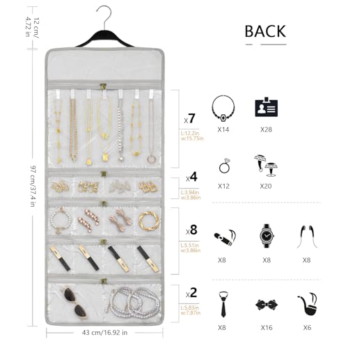 SMRITI Hanging Jewelry Organizer with Dual Zippered Pockets Canvas Double Sided Rotating Hanger Necklace Hanging Wall Organizer Earring Dustproof Holder Wall Mount Accessories Display Bag(Light Grey) - color: Light Grey