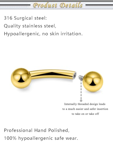 Internally Threaded Eyebrow Piercing Jewelry Surgical Steel Tiny Eyebrow Rings Vertical Labret Lip Jewelry Small Ear Rook Earring for Women Men 18g 16g 14g Plus Piercing Ball Grabber Tool - color: goldtone, size: 14g,ball end