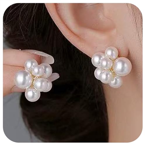 Gold Plated Pearl Flower Stud Earrings for Women - Faux Pearl Cluster Statement Earrings, Hypoallergenic Floral Studs, Elegant Jewelry for Wedding & Everyday Wear