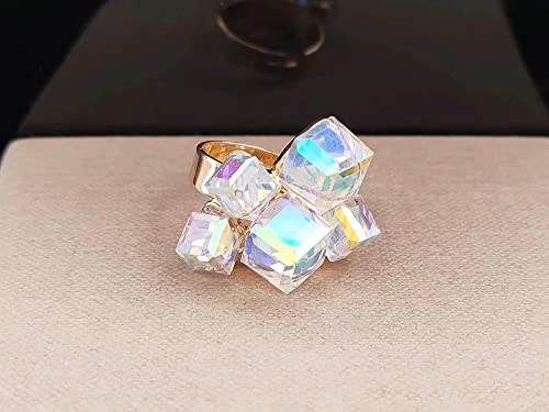 Hebelee Boho Square Crystal Statement Ring for Women Adjustable | Gold-Toned Expandable Promise Engagement Geometric Rings Comfort Fit Elegant Art Deco Christmas Cocktail Y2K Jewelry - color: AB Crystal