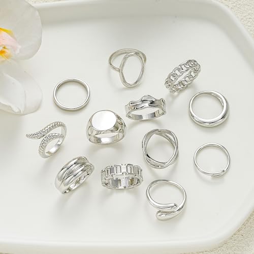 FAXHION 12PCS Gold Stackable Rings Set for Women, 18K Gold Plated Open Stacking Knuckle Ring, Adjustable Chunky Signet Band Statement Ring for Gift - color: 3-ringsSilver