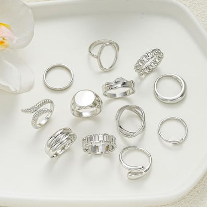FAXHION 12PCS Gold Stackable Rings Set for Women, 18K Gold Plated Open Stacking Knuckle Ring, Adjustable Chunky Signet Band Statement Ring for Gift - color: 3-ringsSilver