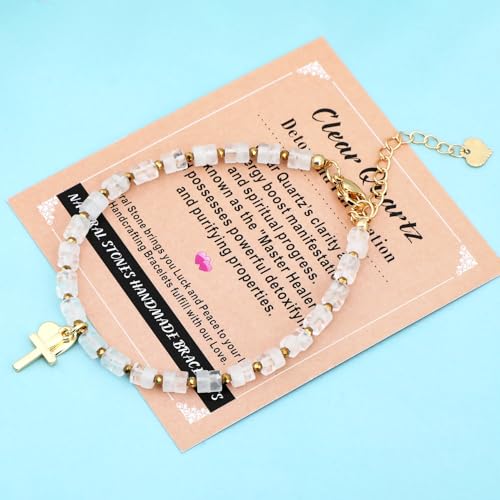 Natural Gemstone Healing Crystal Dainty Charms Bracelet Adjustable Chain Extender Minimalist Jewelry - color: Clear Crystal + Heart + Cross
