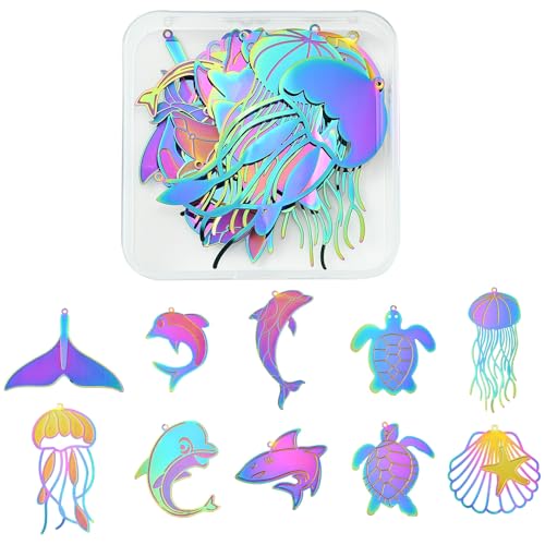 8-64Pcs Silver Goldern Color Heart Pendants Charms 10 Styles Heart Stainless Steel Metal Charms for Jewelry Making Crafting Necklaces Bracelets Earrings Keychains Birthday Gift - color: Rainbow Marine Organism-20 pcs