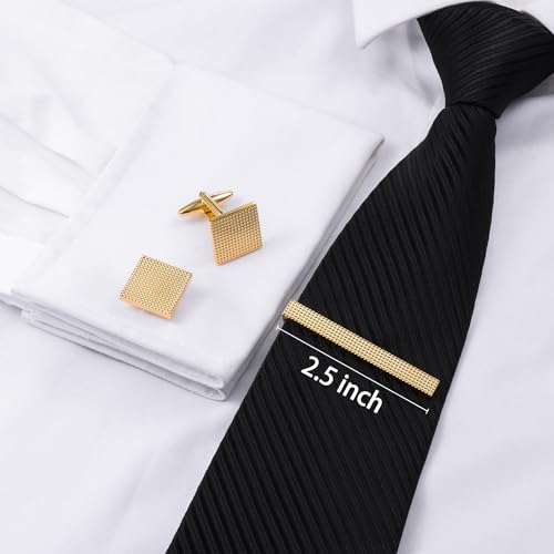HAWSON Metal Cufflinks and Tie Clip Set for Men Novelty Cuff Links and Tie Bar Gifts for Wedding Level,Football, Musical Symbols Designs - color: Gold Squares Ridged set