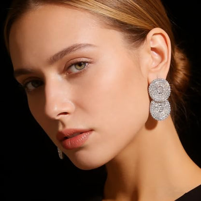 Rhinestone Earrings Dangling for Women Sparkly Silver Dangle Earrings Girls Long Chandelier Earrings Tassel Lightweight Ear Studs Cubic Zirconia (KE001S-W) - color: Double Circle BXE009S