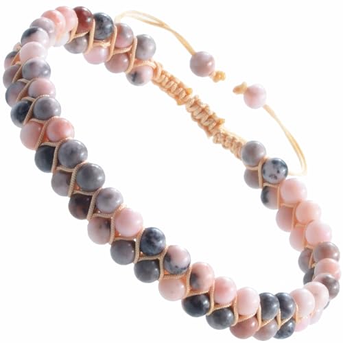 MASSIVE BEADS Double Layer Natural Chakra Healing Power Crystals Macrame Bracelet Yoga Stone Beads Gemstone Meditation Relax Anxiety Bangle for Unisex Women Men - color: Pink Zebra Jasper, size: 4mm