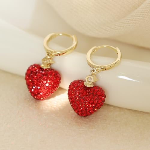 Sonateomber Gold Silver Small Hoop Dangle Earrings for Women, Trendy Dainty Rhinestone CZ Dangling Prom Wedding Leaf Flower Snowflake Butterfly Starfish Fashion Jewelry Gift - color: Red Heart