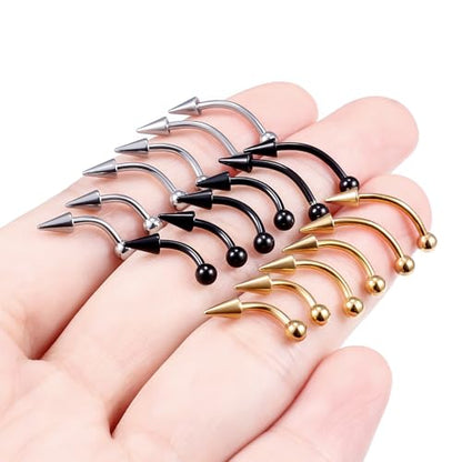 18Pcs Angel Bites Piercing Jewelry Surgical Steel Vertical Labret Lip Jewelry 16G Snake Bites Piercing Jewelry Curved Barbell Long Spike Eyebrow Rings for Women Men Bar Length 6mm/8mm/10mm - style: spike length 5mm