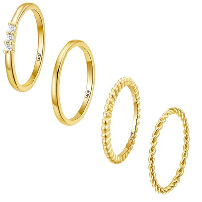 WEDDINEN 4PC Gold Rings for Women, S925 Sterling Silver 14k Gold Filled Plated Stackable Thin Thumb Ring Set Cubic Zirconia Dainty Stack Gold Knuckle Rings Set Size 6-10 - color: Gold, size: 11