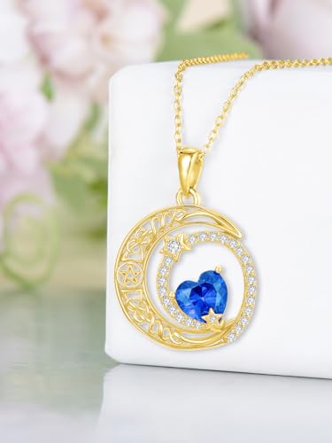 Midari 18K Yellow Gold Sun Moon Star Pendant Rose Flower Necklaces I Love You Forever Sun Moon Jewelry Gift for Mother Women - color: 09-Sep-Sapphire, style: Moon&Star