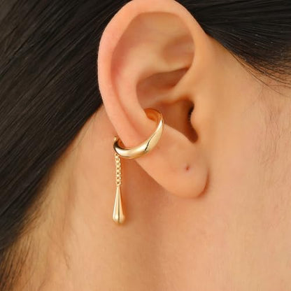 18K Gold Plated Teardrop Dangle Ear Cuff Earrings – Statement Elegant Non-Pierced Drop Design for Women – Minimalist Gold Ear Wrap Jewelry