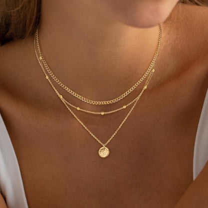 Ewrkbr Layered Necklaces for Women, Dainty Gold Necklace Stack 14k Gold Plated Layering Beaded Chain Choker Necklaces for Women Trendy Simple Disc Star Pendant Necklace Set Fashion Waterproof Jewelry - color: Gold-Cuban