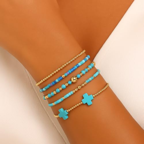 Gold Bracelets for Women, Beaded Cross Stack, Non Tarnish Set，Set-1 | Gold Beaded Bracelet Stack with Stretch Fit, Waterproof Finish and Dainty Design for Everyday Wear and Gifts - color: Colors-6